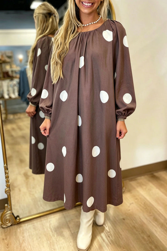 Brown Polka Dot Contrast Bow Knot Back Long Sleeve Midi Dress