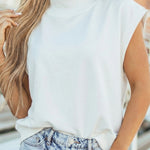 White Solid Color High Neck Cap Sleeve Loose Top
