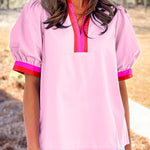 Pink Contrast Striped V Neck Collision Short Puff Sleeve Blouse
