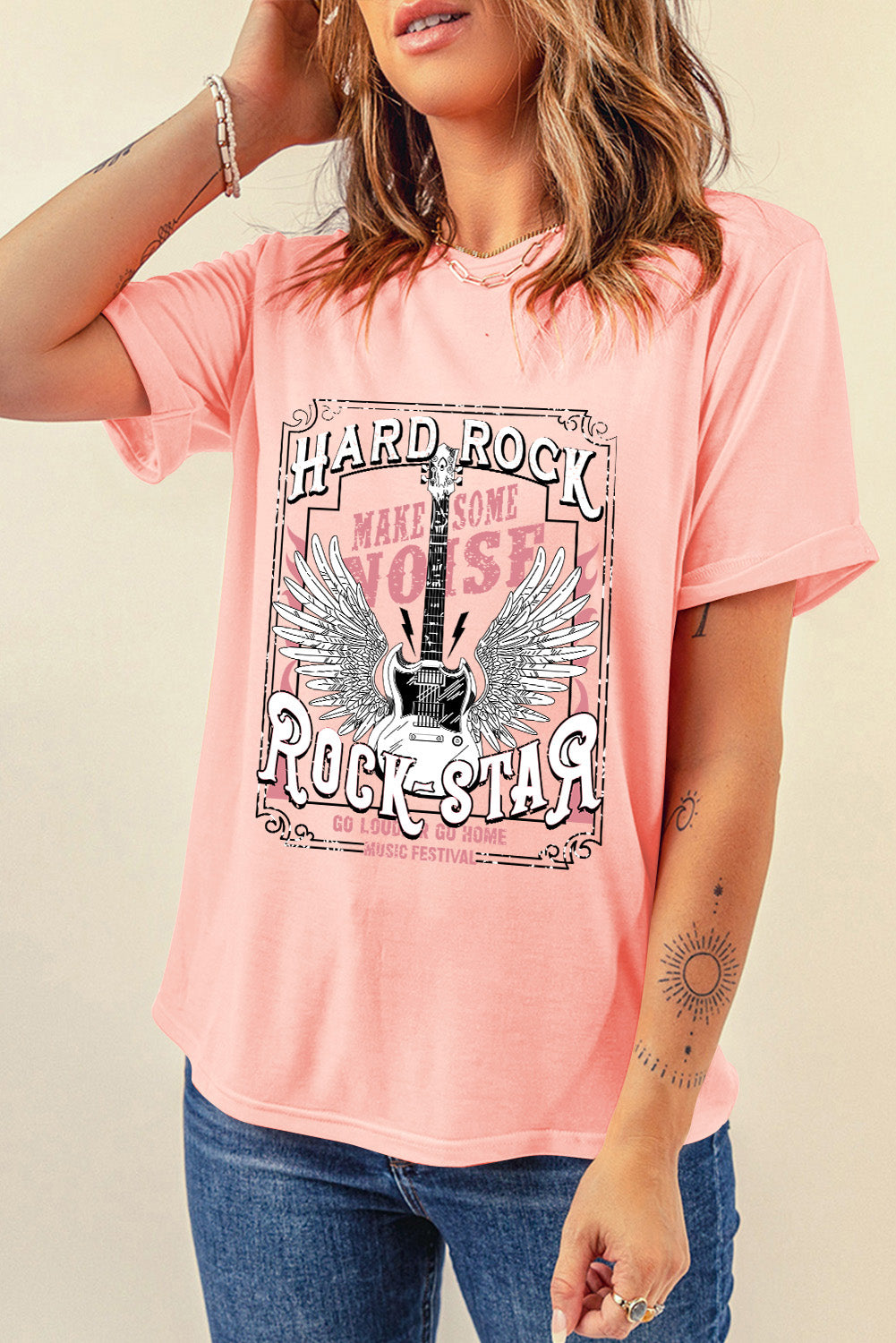 T-shirt ras du cou rose imprimé guitare Hard Rock