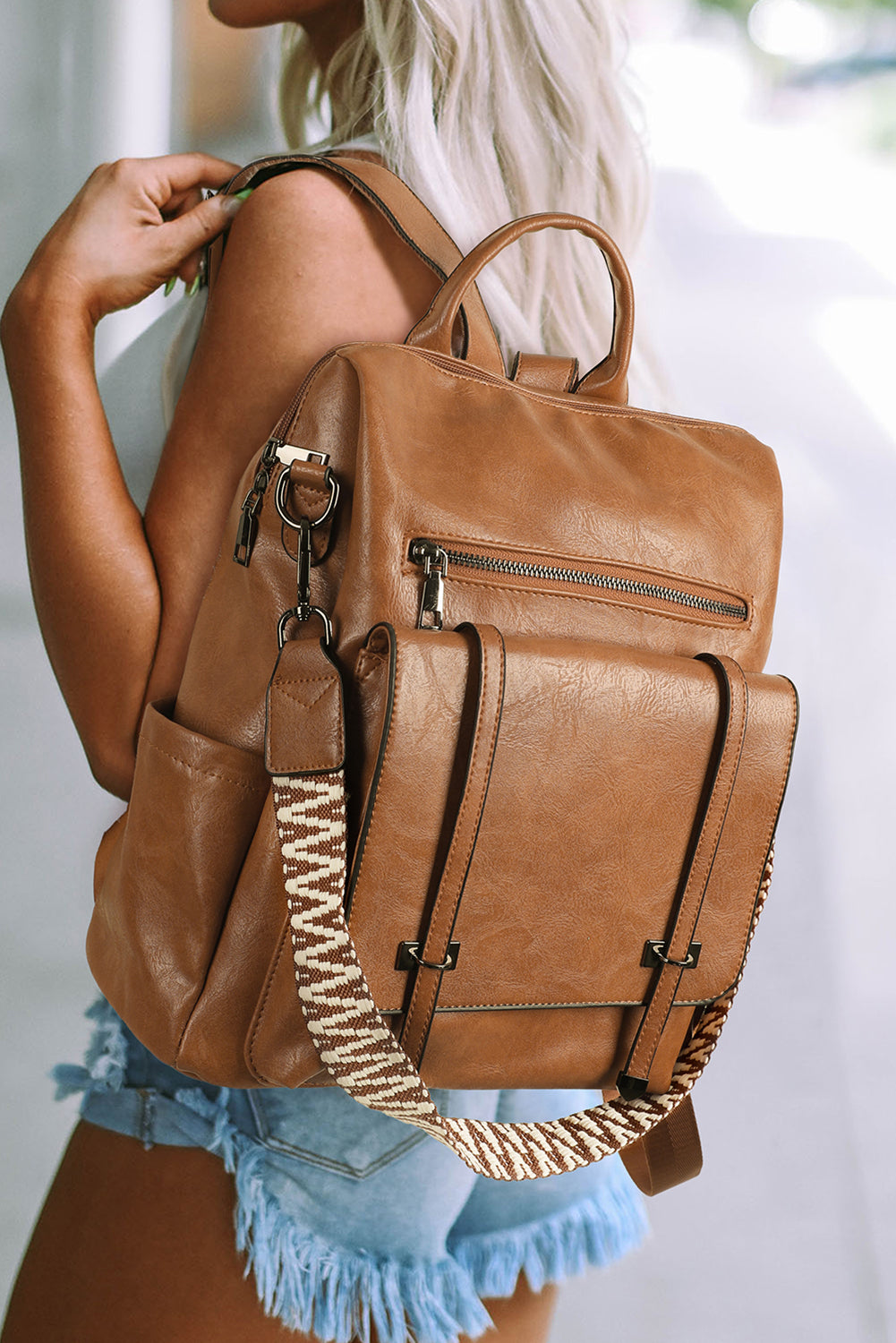 Camel Embroidered Strap Attached Large PU Leather Backpack – HannaBanna Clothing