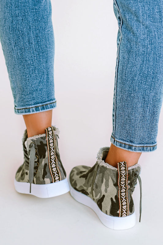 Camo Lace Up Raw Edge Platform Shoes