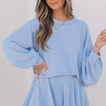 Sky Blue Corded Lantern Sleeve Top High Waist Ruffled Mini Skirt Set