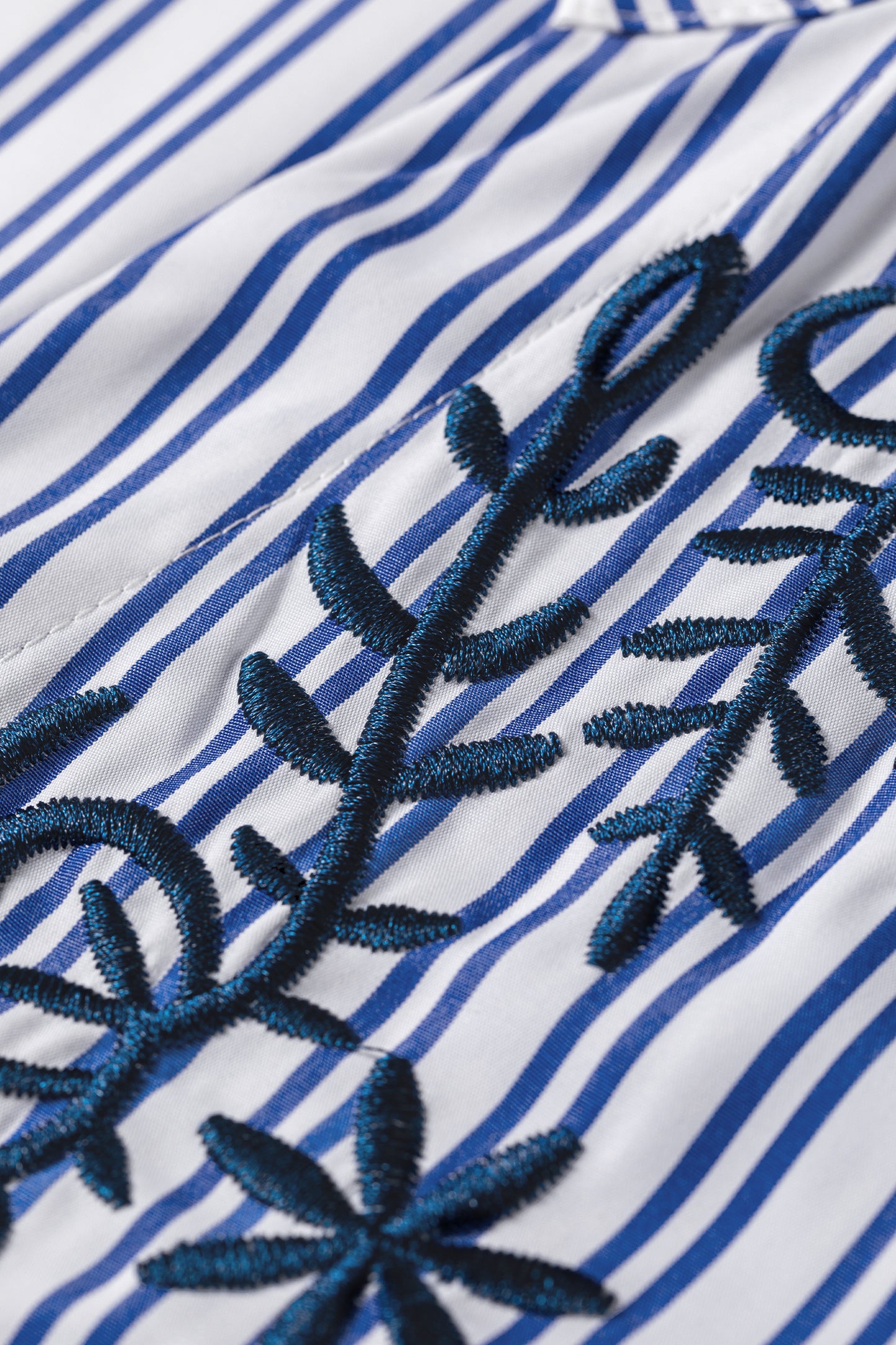 Blue Stripe Embroidered Detail Button Front Long Sleeve Shirt