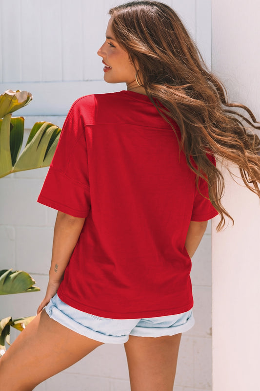 Fiery Red Patriotic USA Slogan Patch Embroidery Short Sleeve T Shirt