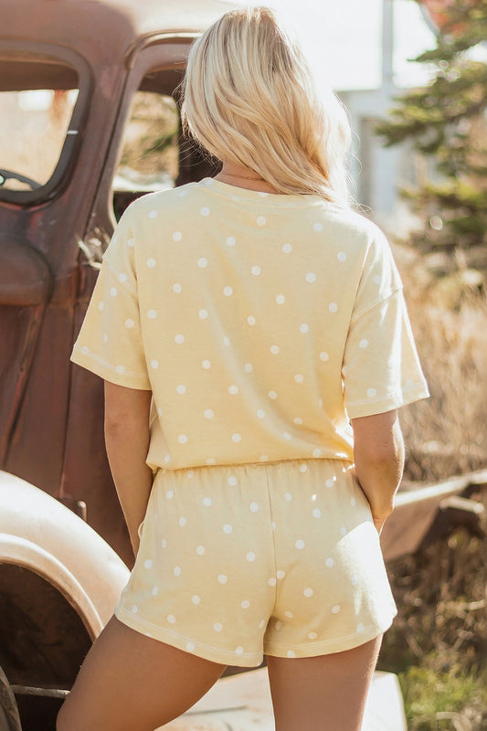 Yellow Polka Dot Short Sleeve Loose Top Drawstring Shorts Set