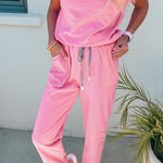 Bonbon Solid Color V Neck Tee Drawstring Pant Set