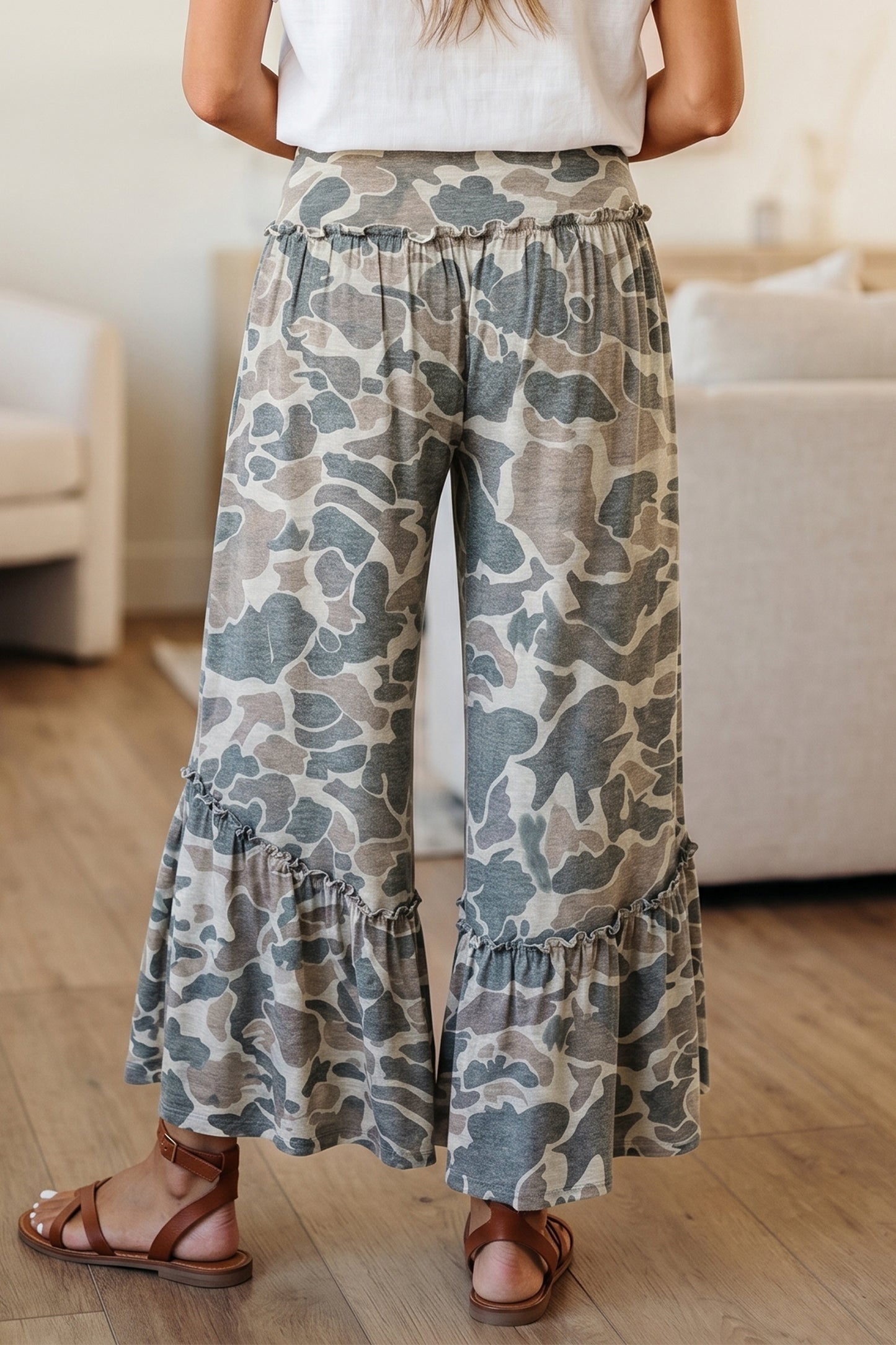 Brown Camo Print Wide Leg Casual Pants