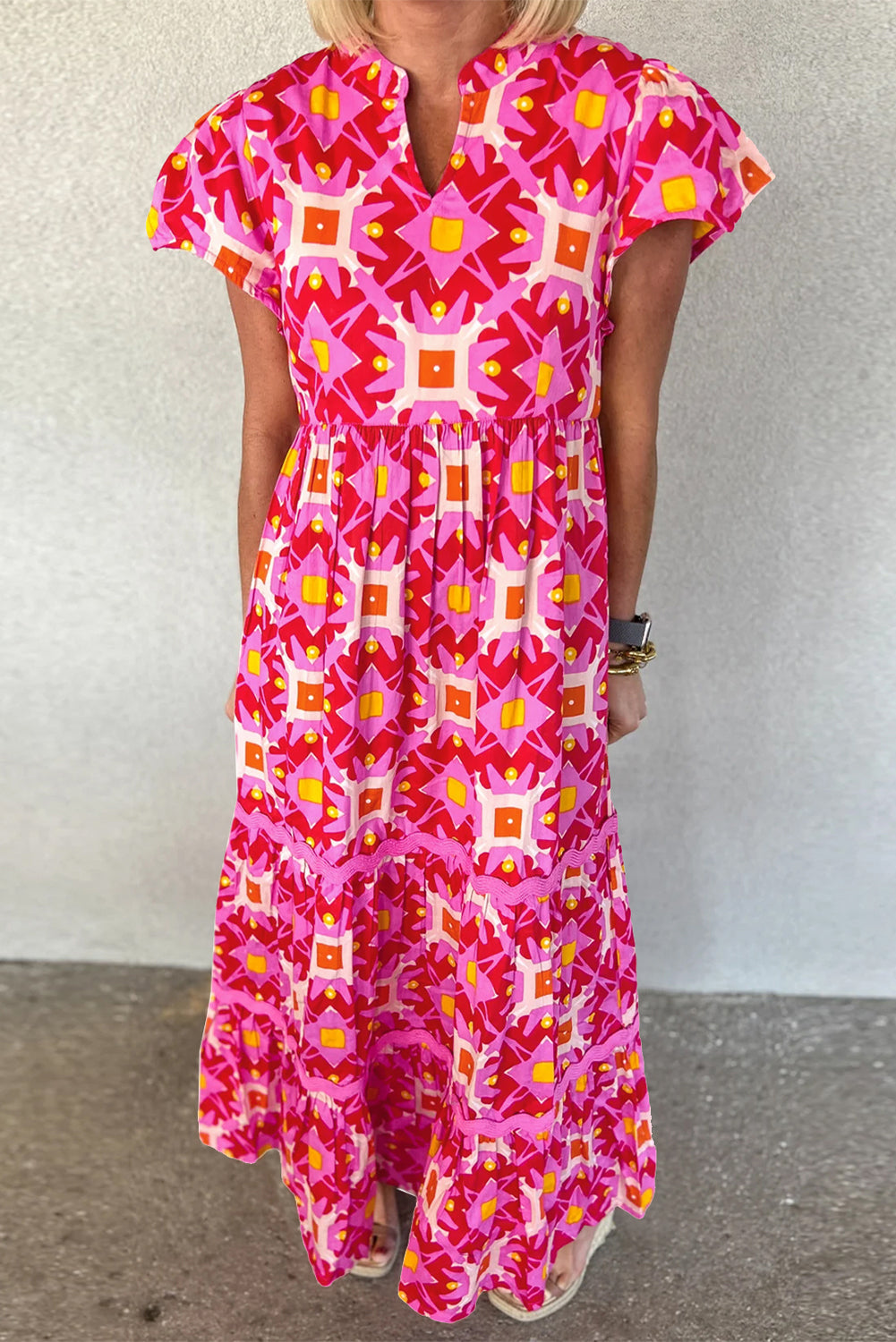 geo maxi dress Strawberry Pink Geo Print V-neck Maxi Dress – HannaBanna Clothing