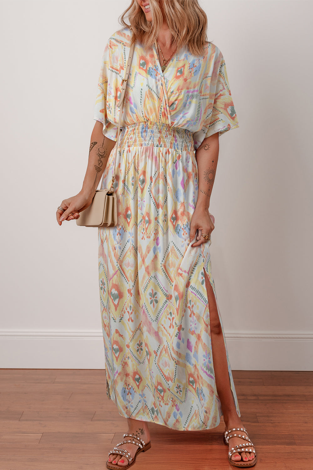 half maxi dress Multicolour Geometric Print Half Sleeve Shirred High Waist Maxi Dress Multicolour / L / 100%Viscose
