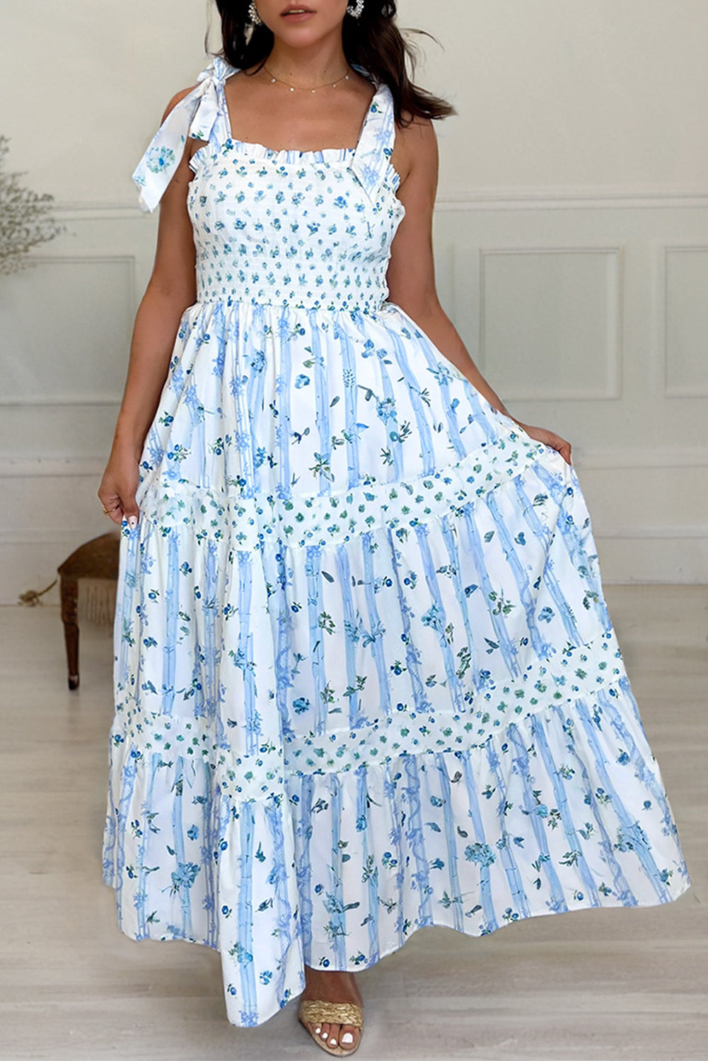 Sky Blue Floral Smocked Tied Straps A-Lined Tiered Maxi Dress Sky Blue / L / 100%Polyester