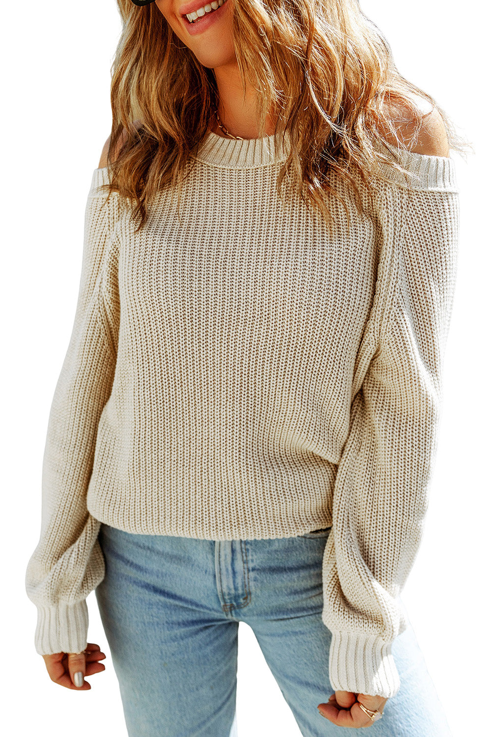 Suéter de punto acanalado con hombros descubiertos y cinturón cruzado sin espalda para mujer, informal, holgado, de manga larga, Color sólido, para invierno