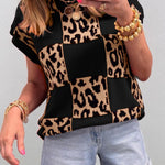 Black Leopard Checkerboard Short Sleeve Knit Sweater