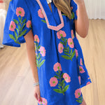 Blue Floral Short Sleeve Split Neck Loose Mini Dress