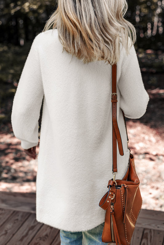 White Fuzzy Buttoned Front Midi Solid Cardigan
