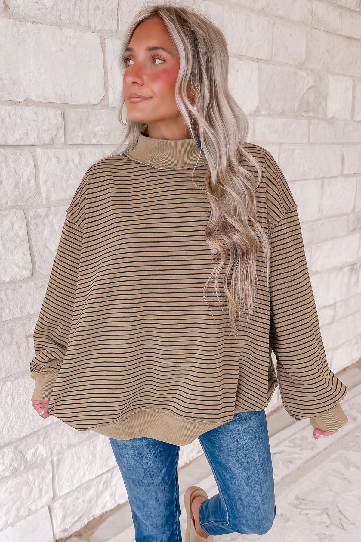 Khaki Stripe Ribbed Color Block Mock Neck Oversized Sweatshirt