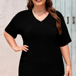 Black Textured V-Neck Dropped Shoulder Plus T-Shirt