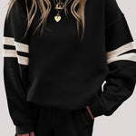 Black Varsity Striped Sleeve Drop Shoulder Sweatshirt and Short Set