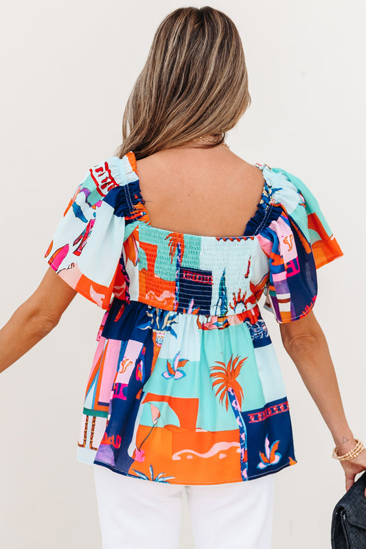 Sky Blue Tropical Printed Square Neck Flutter Sleeve Babydoll Blouse