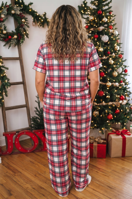 Red Plus Size Short Sleeve Button Down Plaid Pajama 2pcs Pant Set