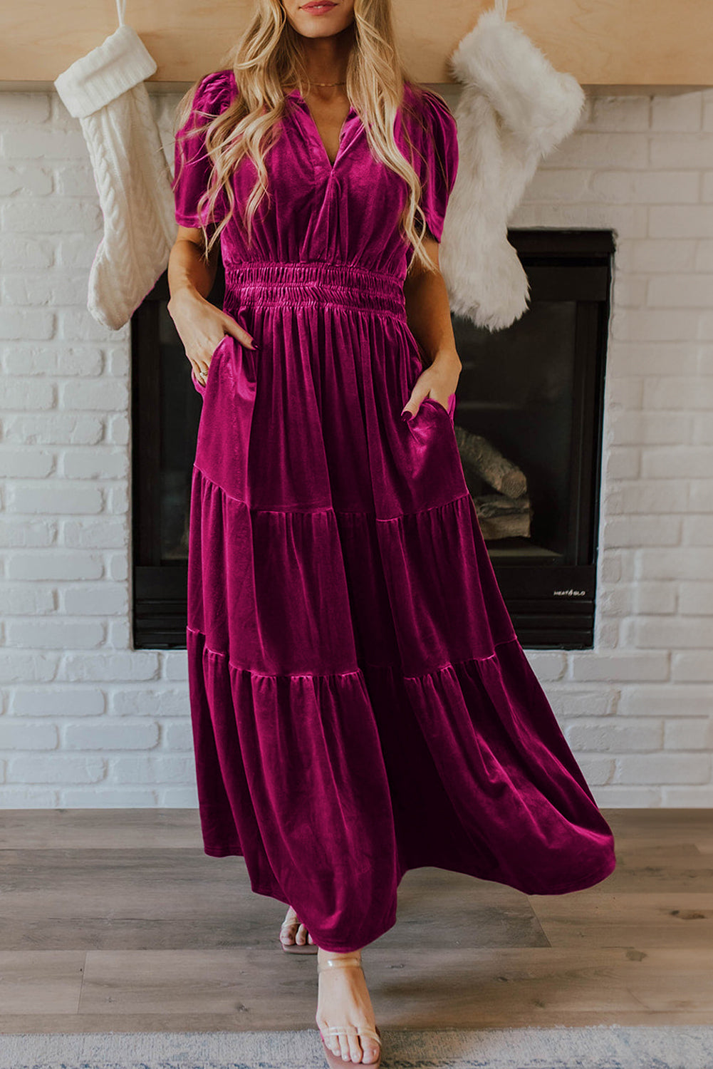Red Dahlia Velvet Short Sleeve Shirred Waist Tiered Maxi Dress – HannaBanna  Clothing