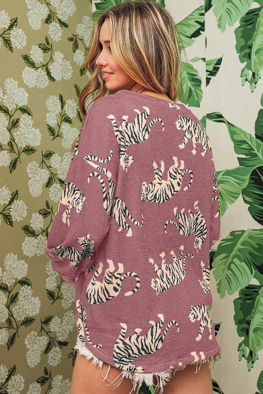 Sweat-shirt décontracté à imprimé léopard et tigre