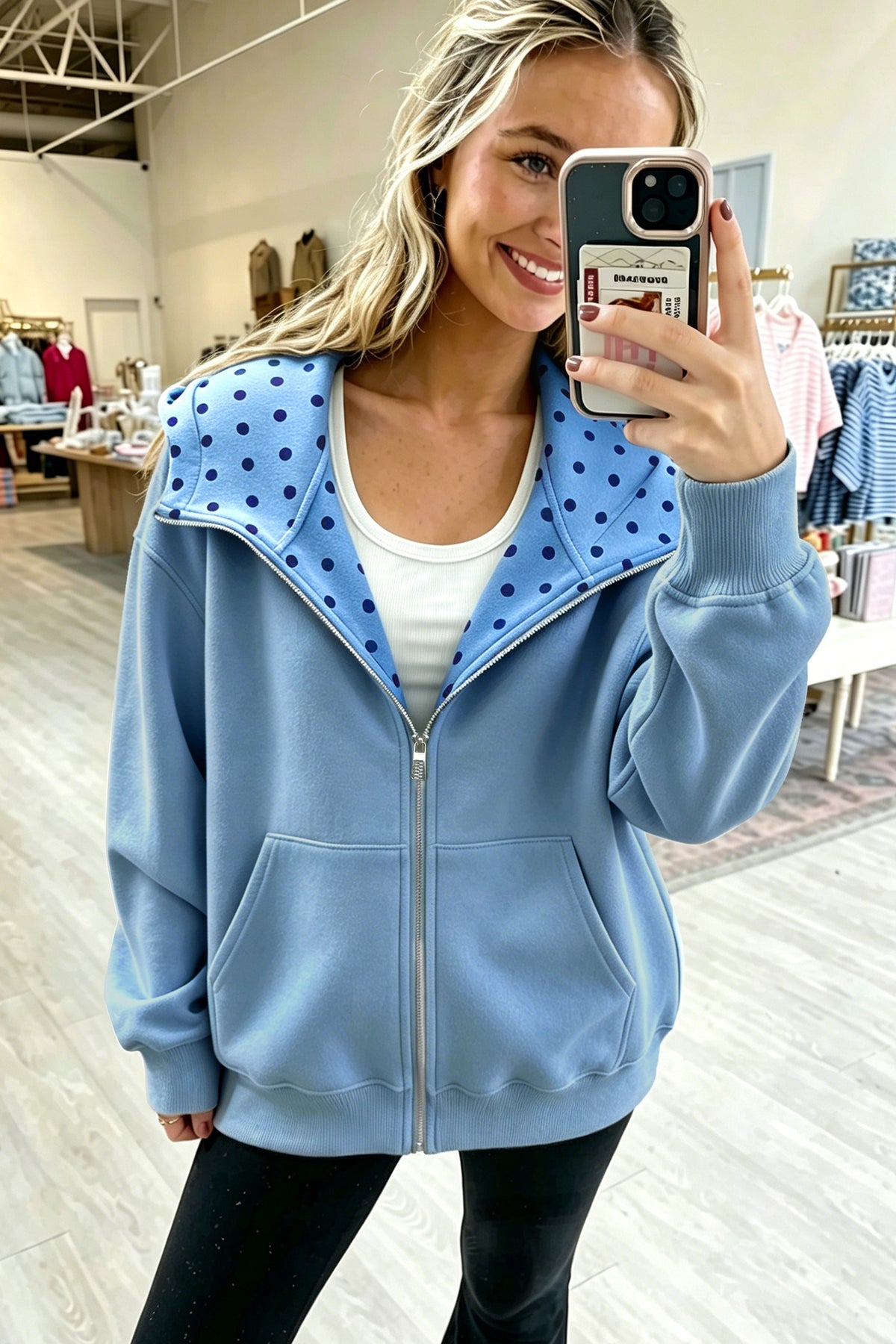 Beau Blue Polka Dot Hooded Zip-Up Sweatshirt