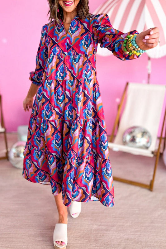 Multicolor Abstract Geometric Print Long Sleeve High Waist Dress