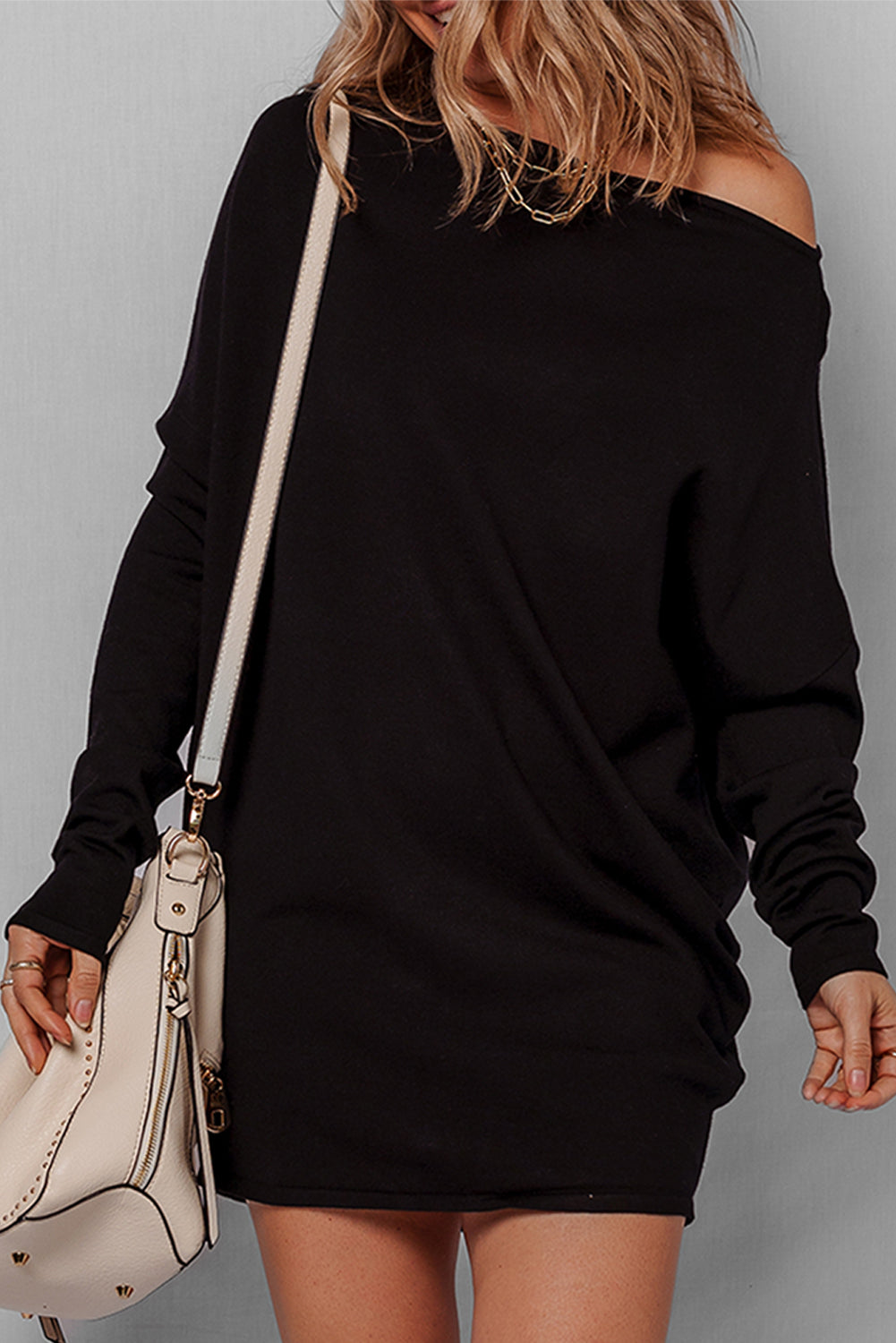 black long sleeve shift mini dress Asymmetric Neck Batwing Sweater tulle layered skirt Fit Model is 59 Fashion Vestidos 20's 1920 Color:Dusty Blue Reverie
