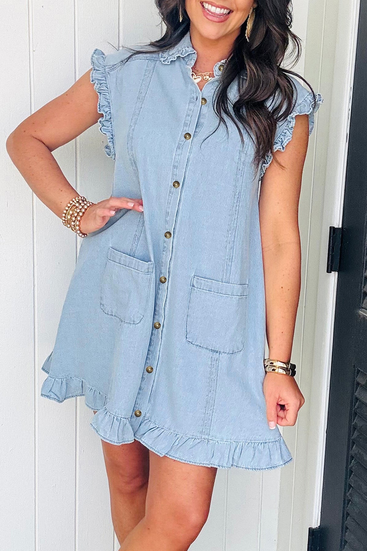 Beau Blue Ruffled Edge Collared Shift Denim Dress with Pockets