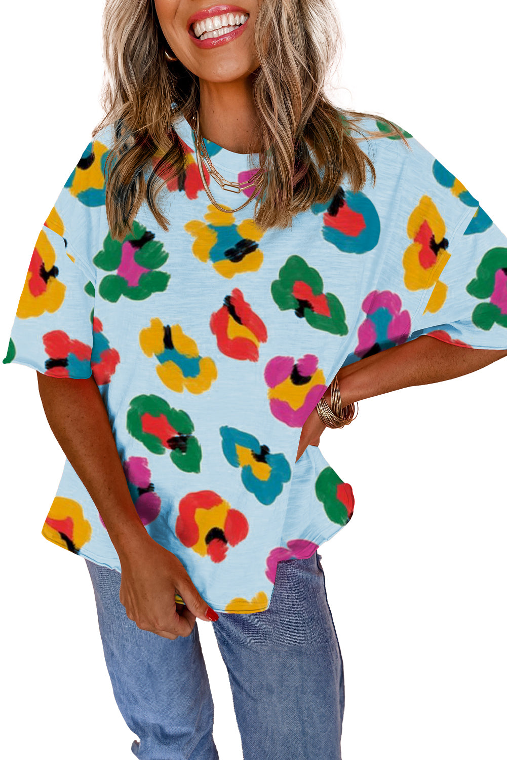 T-shirt oversize à épaules tombantes et motif léopard bleu ciel