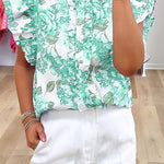 Green Floral Print Ruffle Sleeve Frilly Button Up Shirt