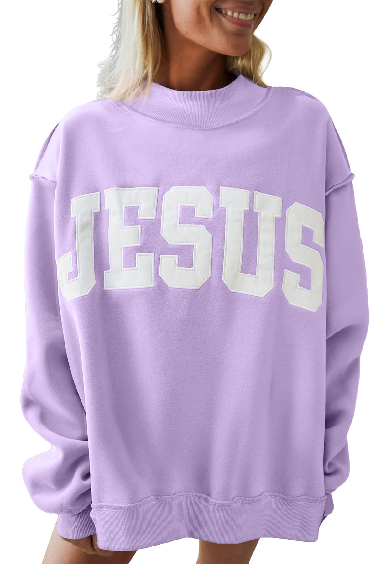 Orchid Bouquet JESUS Letter Patch Graphic Exposed Seam Mock Neck Baggy Sweatshirt