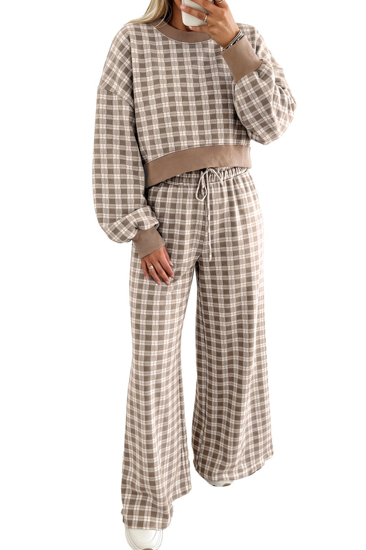 Khaki Plaid Long Sleeve Drop Shoulder Top Ribbed Color Block Trim Two Piece Pant Set