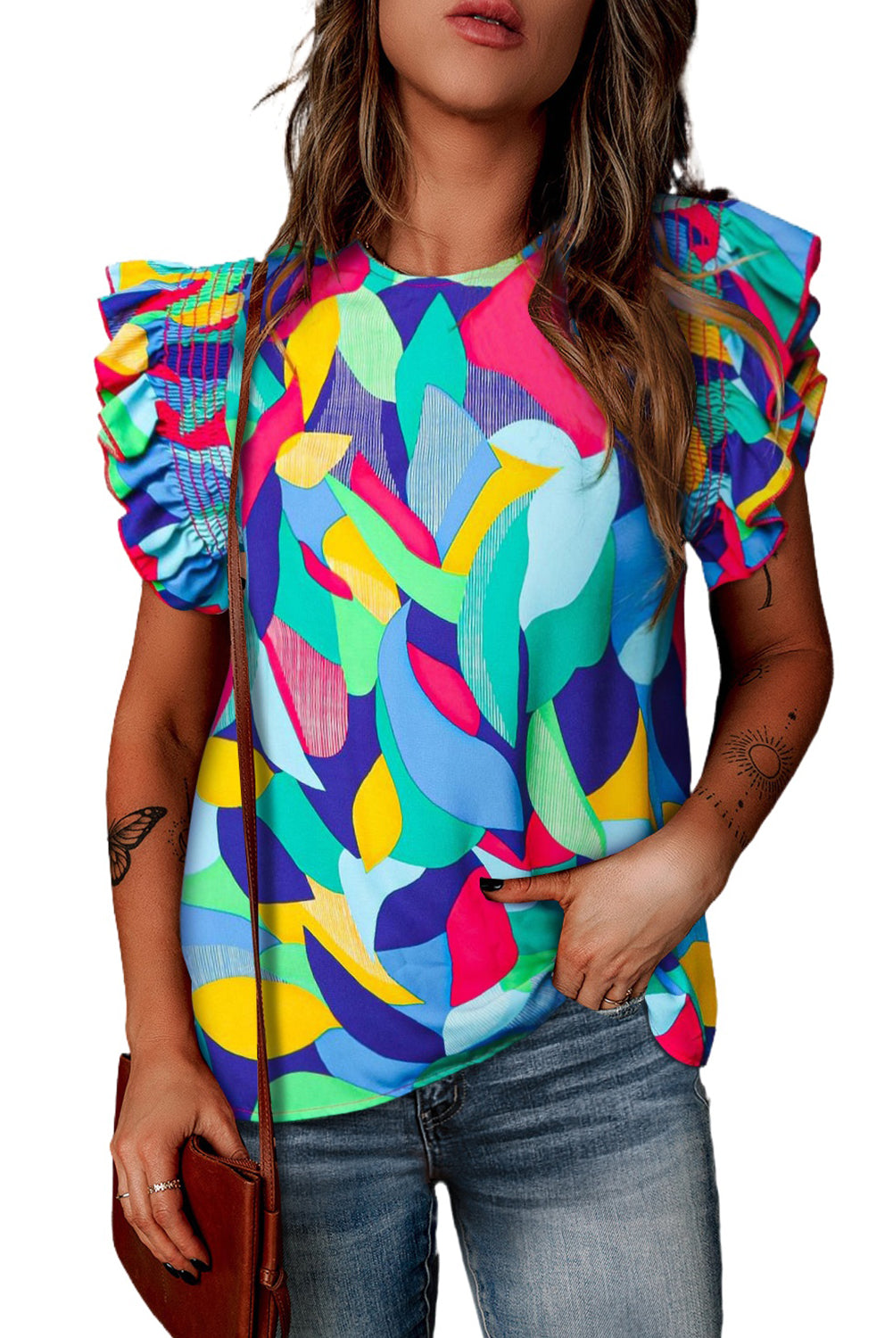 Blusa con mangas con volantes y costuras con estampado abstracto multicolor