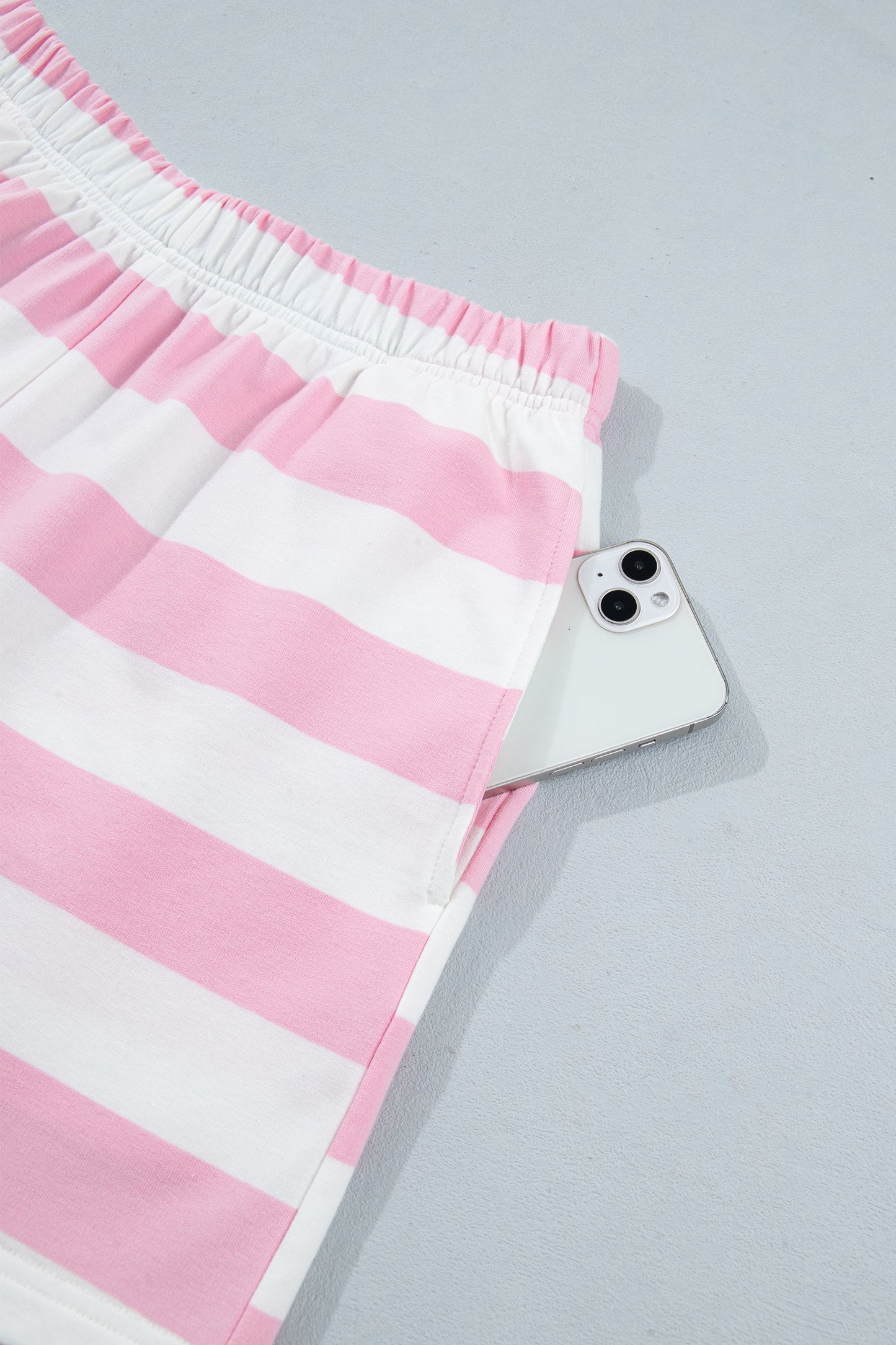 Pink Stripe Patchwork Zipper Pullover Elastic Waist Shorts 2pcs Set