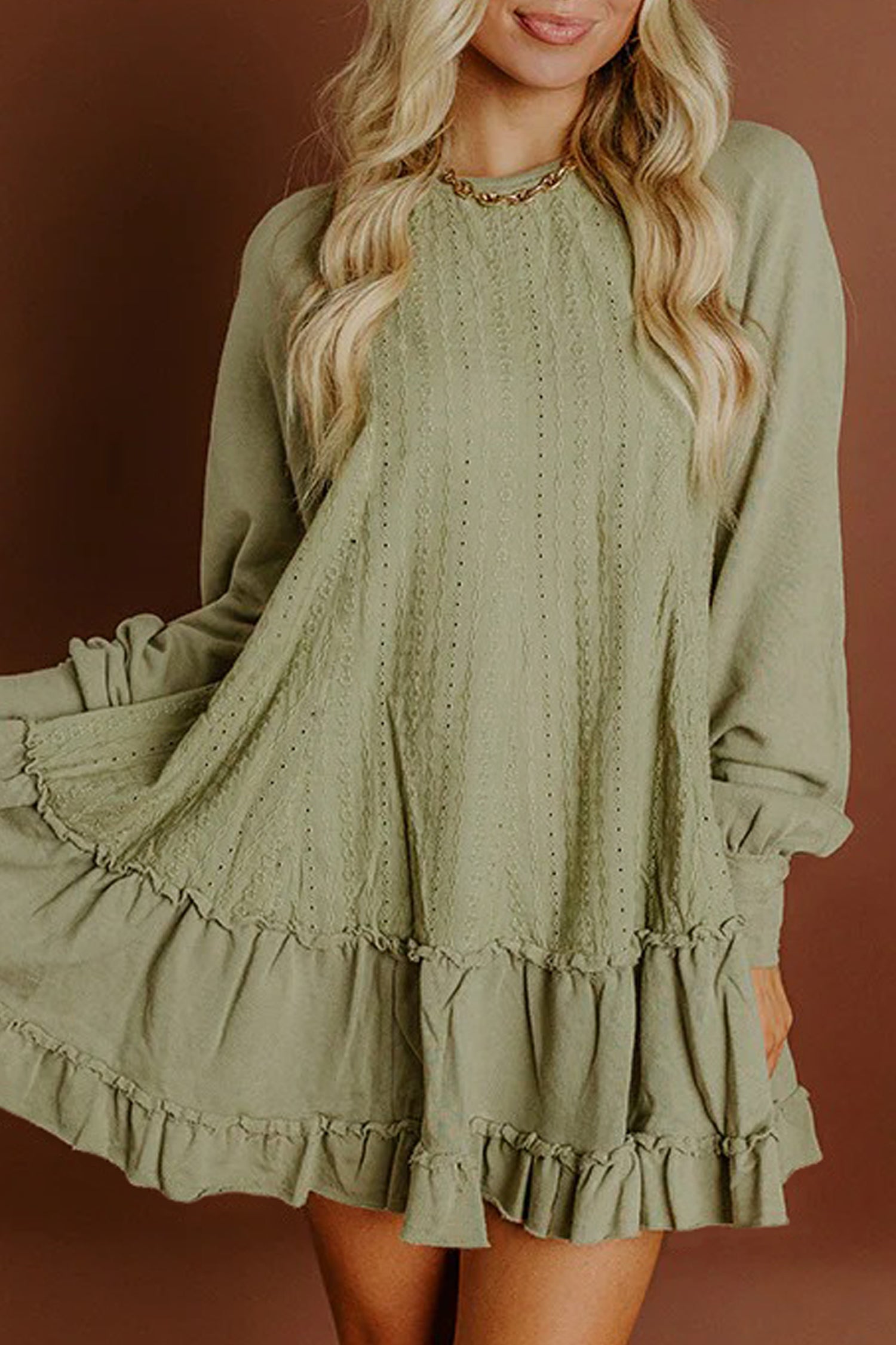 Laurel Green Jacquard Frilled Ruffled Long Sleeve Mini Dress Laurel Green / M / 95%Cotton+5%Elastane