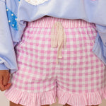 Pink Gingham Print Ruffle Striped Detail Lace Tie Shorts