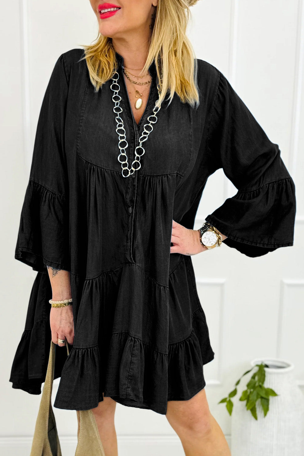 Black Chambray Ruffled 3/4 Sleeve Tiered Split V Neck Mini Dress –  HannaBanna Clothing