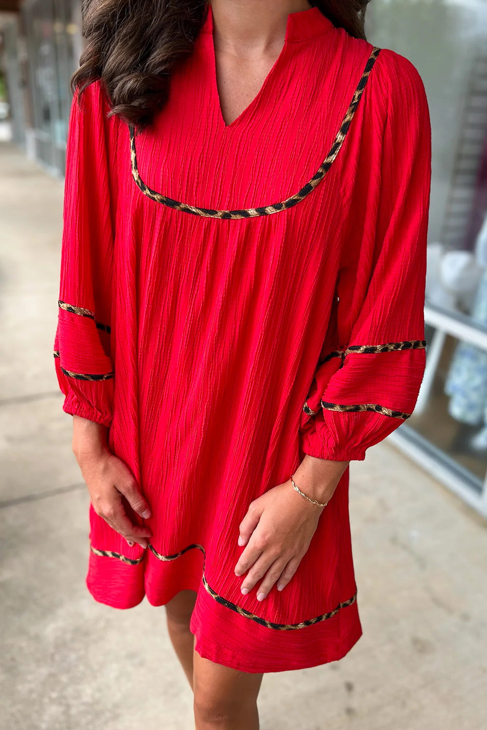 Fiery Red Textured V Neck Leopard Contrasted Trim Long Sleeve Shift Mini Dress Fiery Red / M / 97%Polyester+3%Elastane Fiery Red Textured V Neck Leopard Contrasted Trim Long Sleeve Shift Mini Dress Fiery Red / M / 97%Polyester+3%Elastane