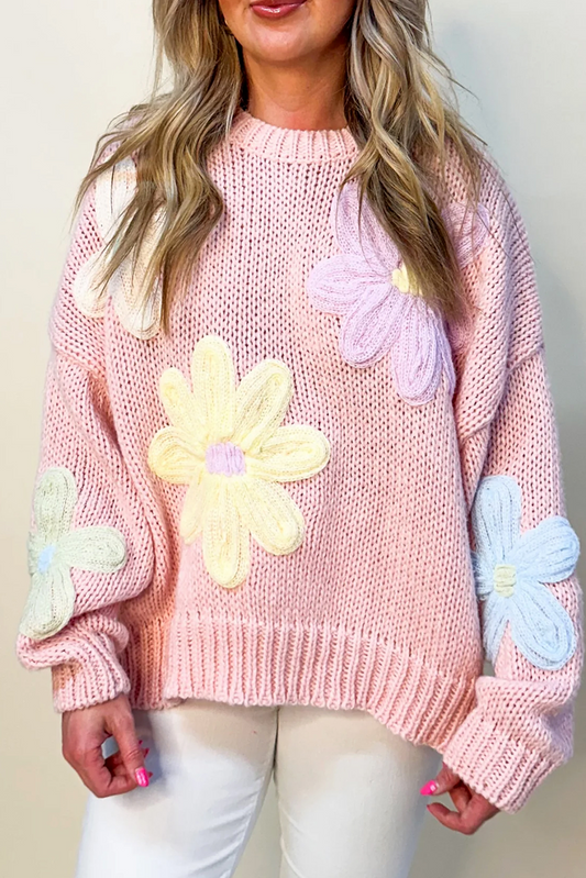 Pull fleuri brodé Pétales et fils roses