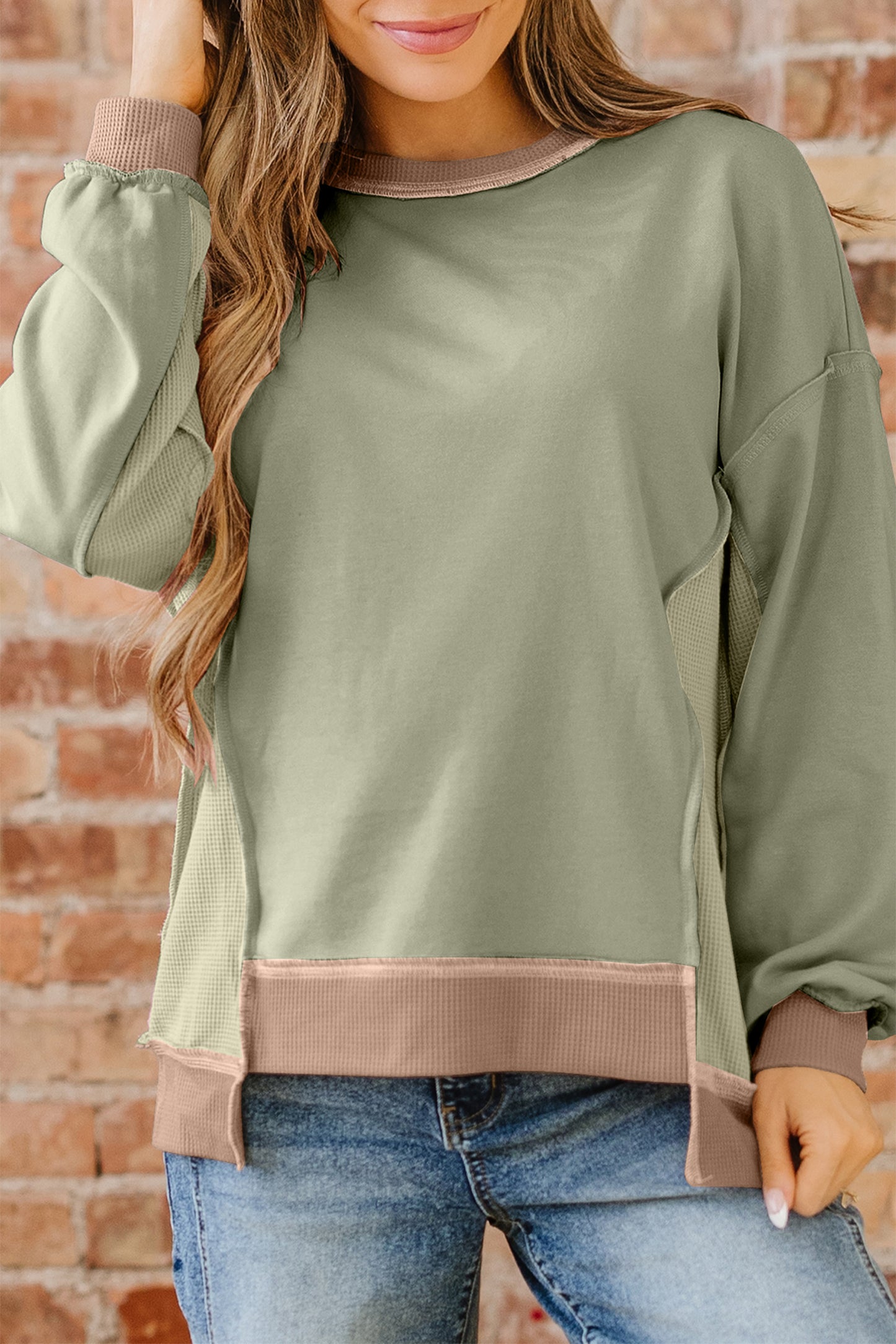 Wild Wind Color Block Mix Texture Waffle Patchwork Oversize Sweatshirt