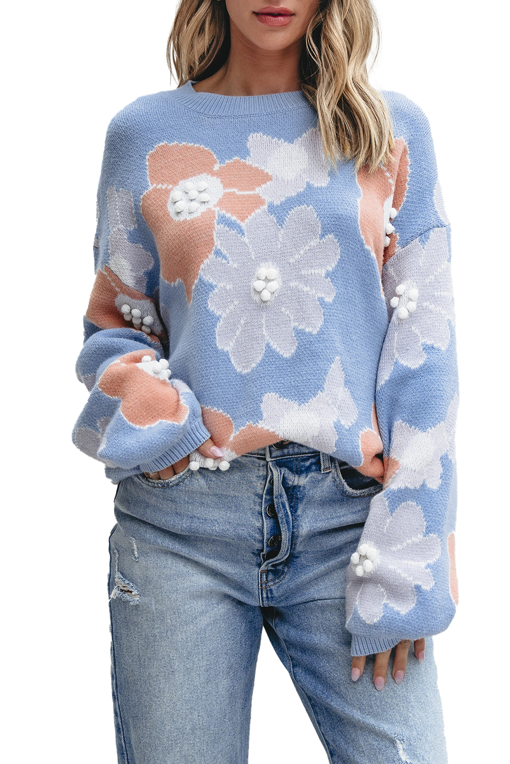 Pull tricoté à col rond et épaules tombantes à motif floral bleu Beau