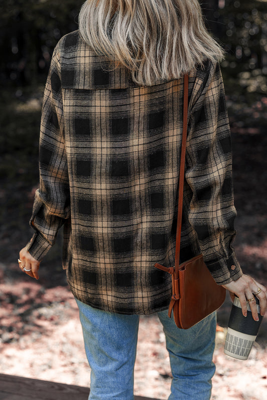 Multicolour Retro Plaid Double Flap Pocket Brushed Shacket