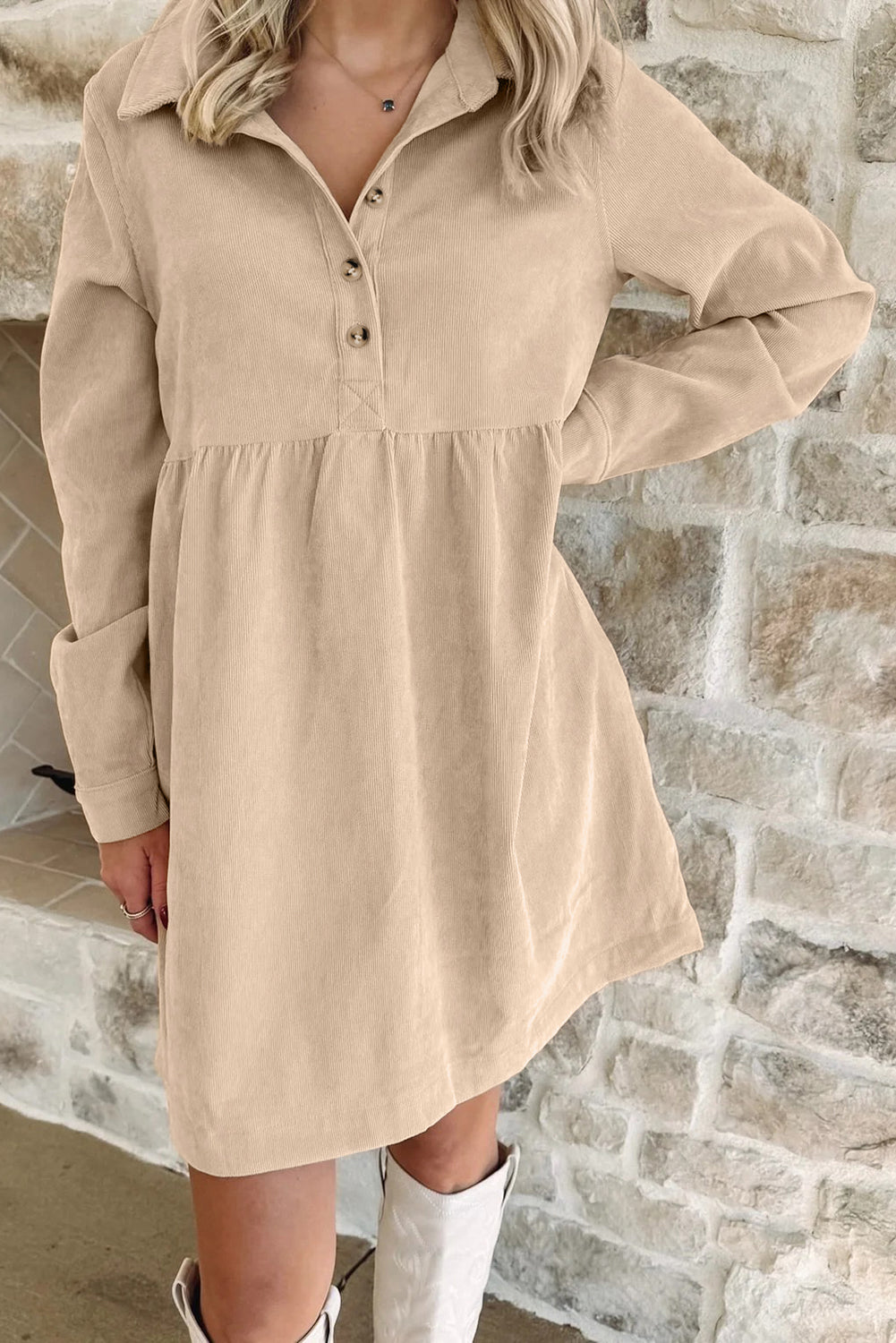 long sleeve mini linen dress Oatmeal Corduroy Half Button Collared Long Sleeve Mini Dress – HannaBanna  Clothing