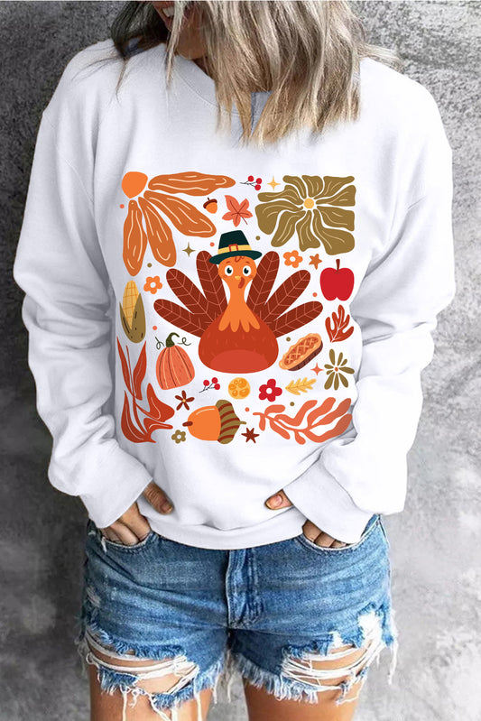 Sweat-shirt beige à col rond et motif graphique d'automne pour Thanksgiving