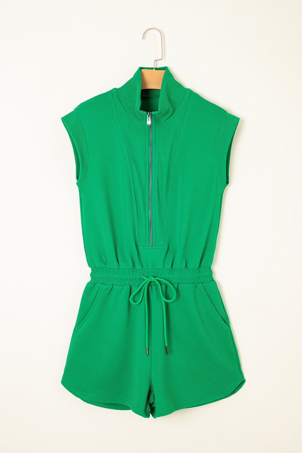 Bright Green Textured Short Sleeve Half Zip Drawstring Elastic Waistband Romper