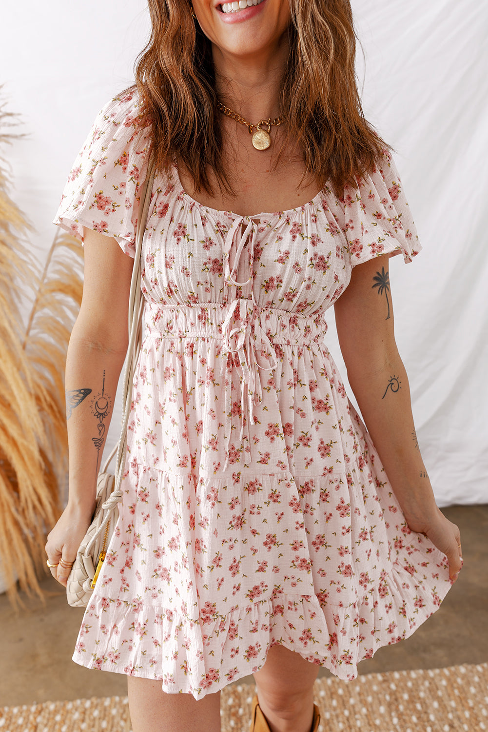short sleeve floral mini dress Pink Front Tie Shirred Waist Ruffled Pink / S / 100%Viscose 4% Spandex Length Summer State Halter Maxi mustard Color:Like the picture (Ivory)