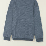Blue Solid Ribbed Knit Round Neck Pullover Sweatshirt