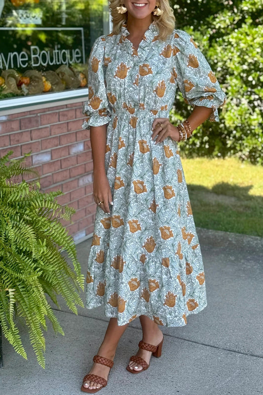 Brown Floral Printed Frilled V Neck Bracelet Sleeve Long Dress